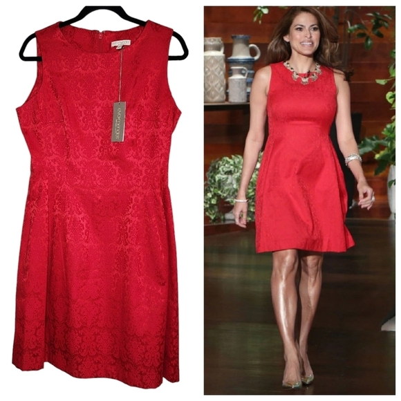 NWT Eva Mendes New York And Company Red Pattern Fit And Flare Dres Size 8 - Picture 1 of 16
